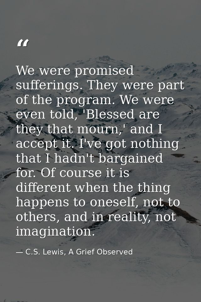 We were promised sufferings. They were part of the program. We were even told, 'Blessed are they that mourn,' and I acce — C.S. Lewis, A Grief Observed