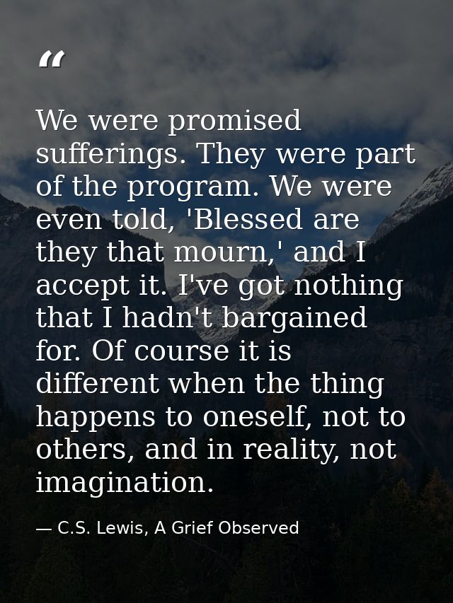 We were promised sufferings. They were part of the program. We were even told, 'Blessed are they that mourn,' and I acce — C.S. Lewis, A Grief Observed