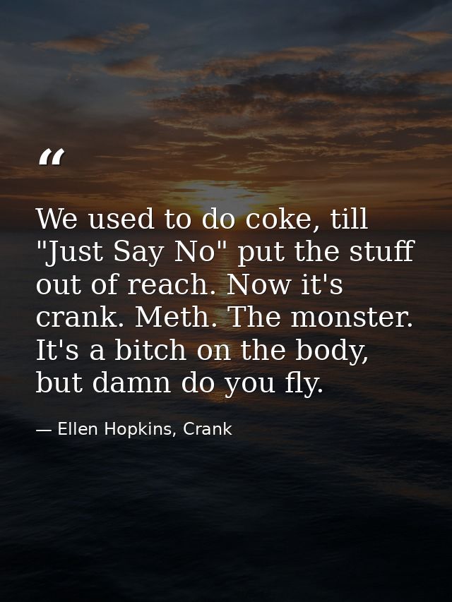 We used to do coke, till "Just Say No" put the stuff out of reach. Now it's crank. Meth. The monster. It's a bitch on th — Ellen Hopkins, Crank