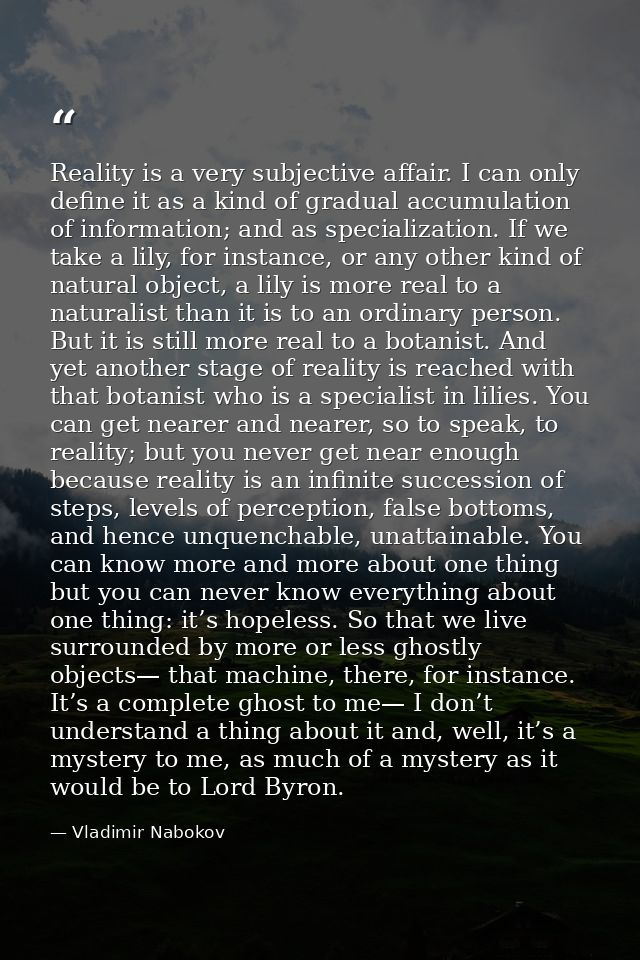 Reality is a very subjective affair. I can only define it as a kind of gradual accumulation of information; and as speci — Vladimir Nabokov