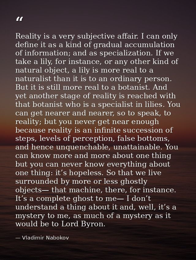 Reality is a very subjective affair. I can only define it as a kind of gradual accumulation of information; and as speci — Vladimir Nabokov