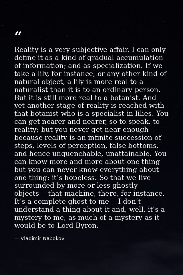Reality is a very subjective affair. I can only define it as a kind of gradual accumulation of information; and as speci — Vladimir Nabokov