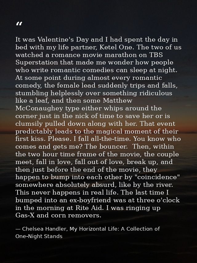 It was Valentine's Day and I had spent the day in bed with my life partner, Ketel One. The two of us watched a romance m — Chelsea Handler, My Horizontal Life: A Collection of One-Night Stands