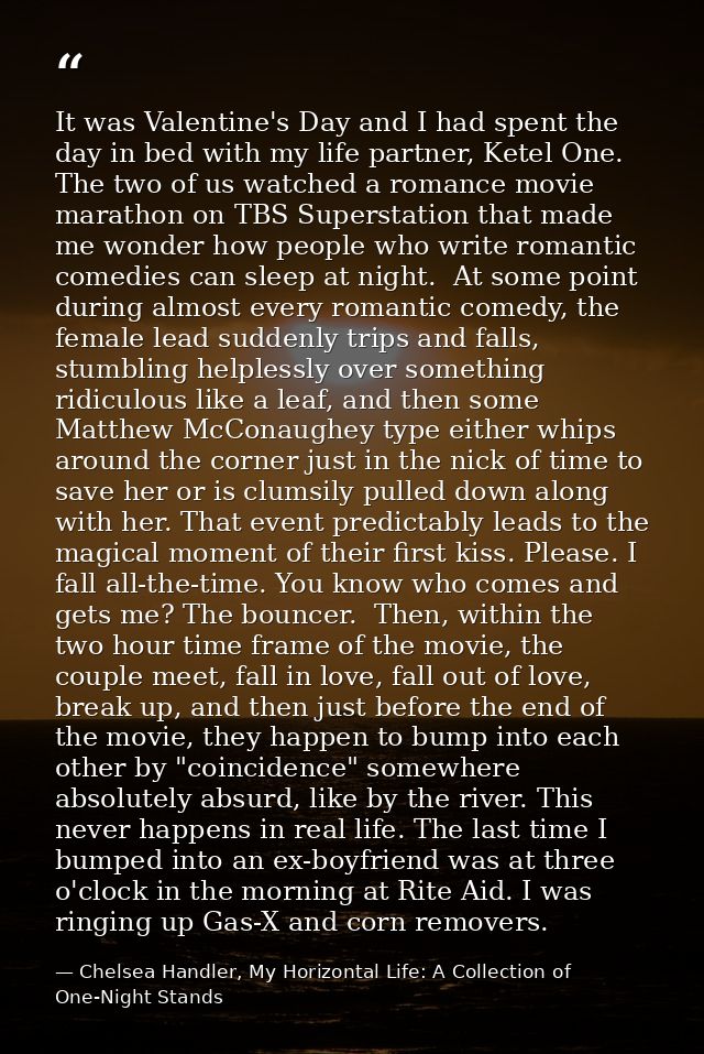 It was Valentine's Day and I had spent the day in bed with my life partner, Ketel One. The two of us watched a romance m — Chelsea Handler, My Horizontal Life: A Collection of One-Night Stands