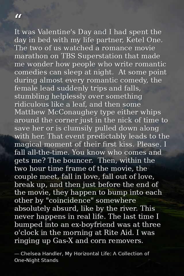 It was Valentine's Day and I had spent the day in bed with my life partner, Ketel One. The two of us watched a romance m — Chelsea Handler, My Horizontal Life: A Collection of One-Night Stands