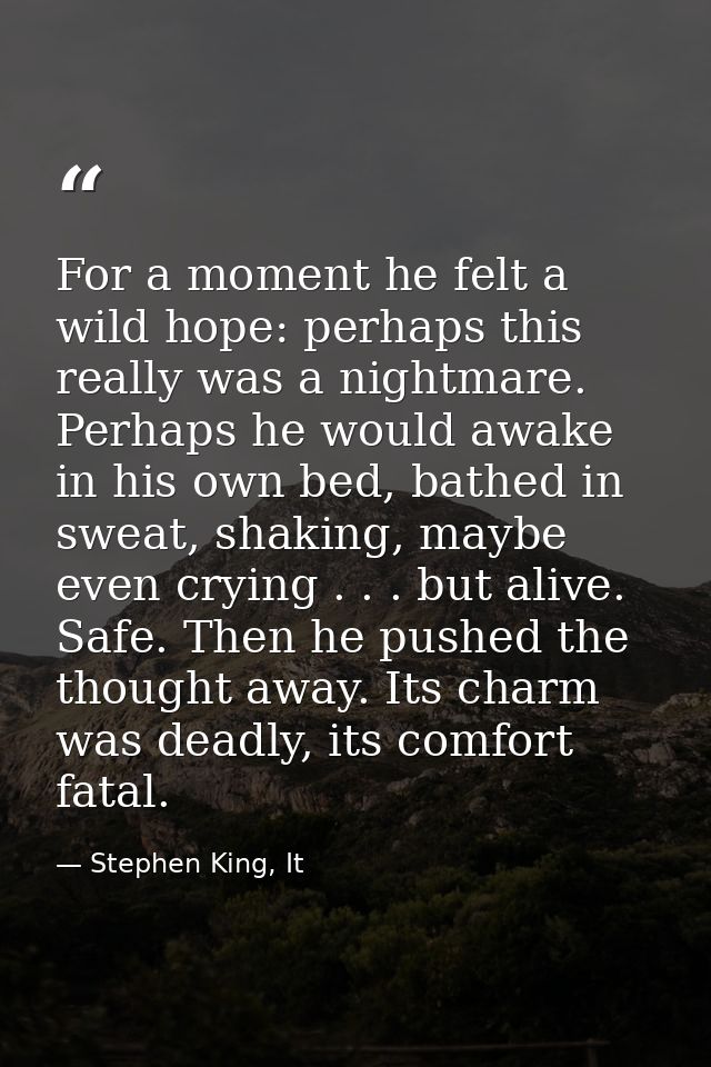 For a moment he felt a wild hope: perhaps this really was a nightmare. Perhaps he would awake in his own bed, bathed in  — Stephen King, It