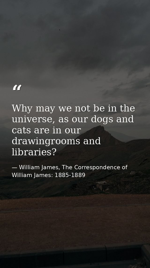 Why may we not be in the universe, as our dogs and cats are in our drawingrooms and libraries? — William James, The Correspondence of William James: 1885-1889
