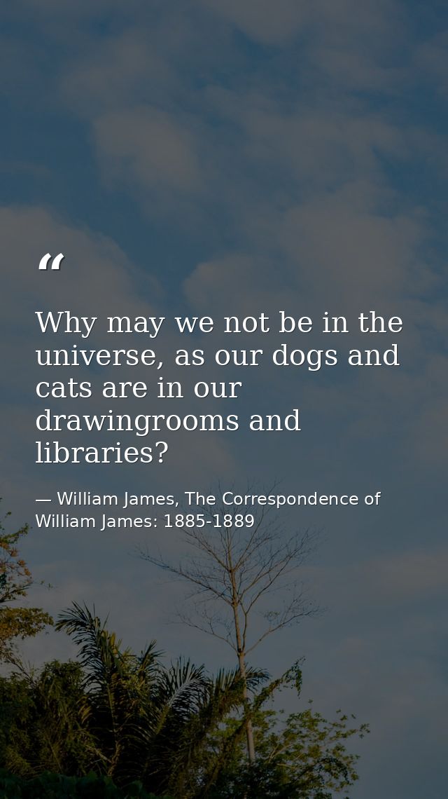 Why may we not be in the universe, as our dogs and cats are in our drawingrooms and libraries? — William James, The Correspondence of William James: 1885-1889
