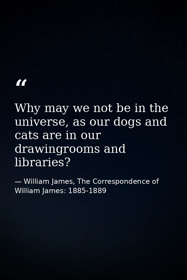 Why may we not be in the universe, as our dogs and cats are in our drawingrooms and libraries? — William James, The Correspondence of William James: 1885-1889