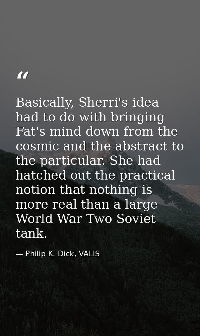 Basically, Sherri's idea had to do with bringing Fat's mind down from the cosmic and the abstract to the particular. She — Philip K. Dick, VALIS