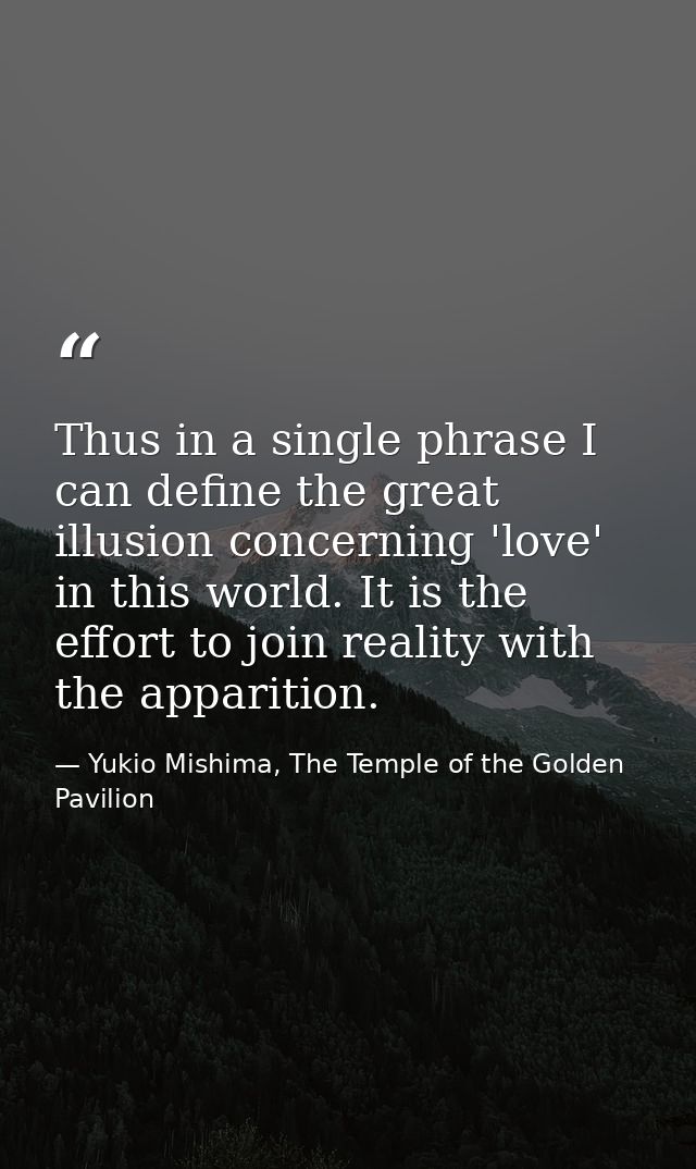 Thus in a single phrase I can define the great illusion concerning 'love' in this world. It is the effort to join realit — Yukio Mishima, The Temple of the Golden Pavilion