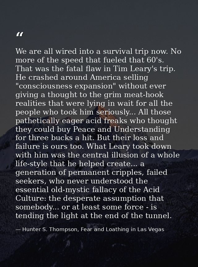 We are all wired into a survival trip now. No more of the speed that fueled that 60's. That was the fatal flaw in Tim Le — Hunter S. Thompson, Fear and Loathing in Las Vegas