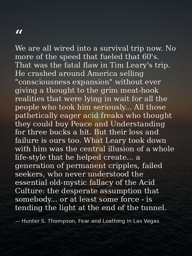 We are all wired into a survival trip now. No more of the speed that fueled that 60's. That was the fatal flaw in Tim Le — Hunter S. Thompson, Fear and Loathing in Las Vegas