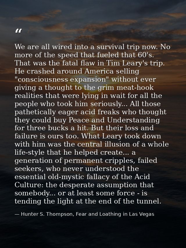 We are all wired into a survival trip now. No more of the speed that fueled that 60's. That was the fatal flaw in Tim Le — Hunter S. Thompson, Fear and Loathing in Las Vegas