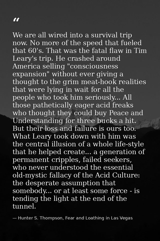 We are all wired into a survival trip now. No more of the speed that fueled that 60's. That was the fatal flaw in Tim Le — Hunter S. Thompson, Fear and Loathing in Las Vegas