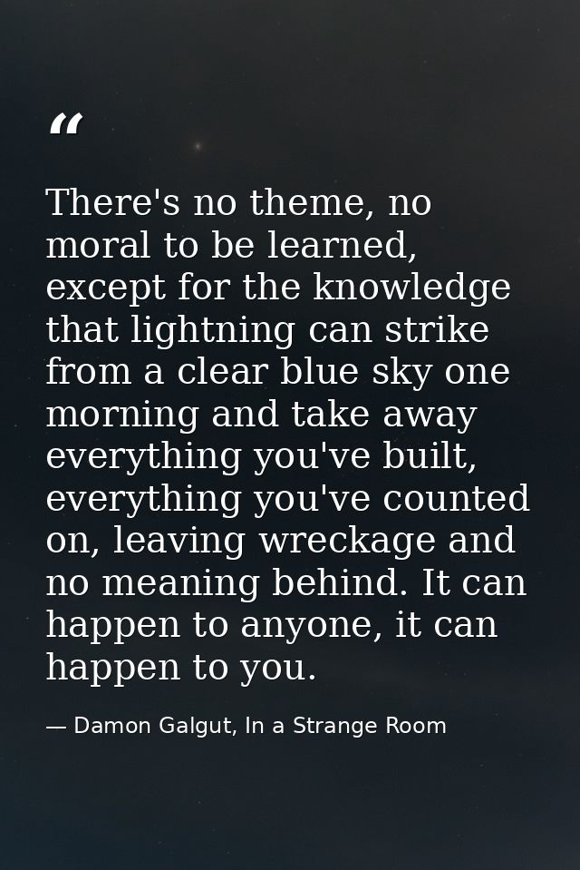 There's no theme, no moral to be learned, except for the knowledge that lightning can strike from a clear blue sky one m — Damon Galgut, In a Strange Room