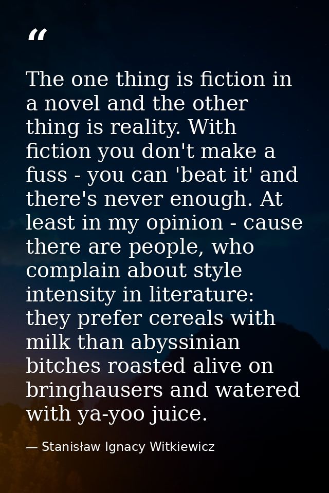 The one thing is fiction in a novel and the other thing is reality. With fiction you don't make a fuss - you can 'beat i — Stanisław Ignacy Witkiewicz