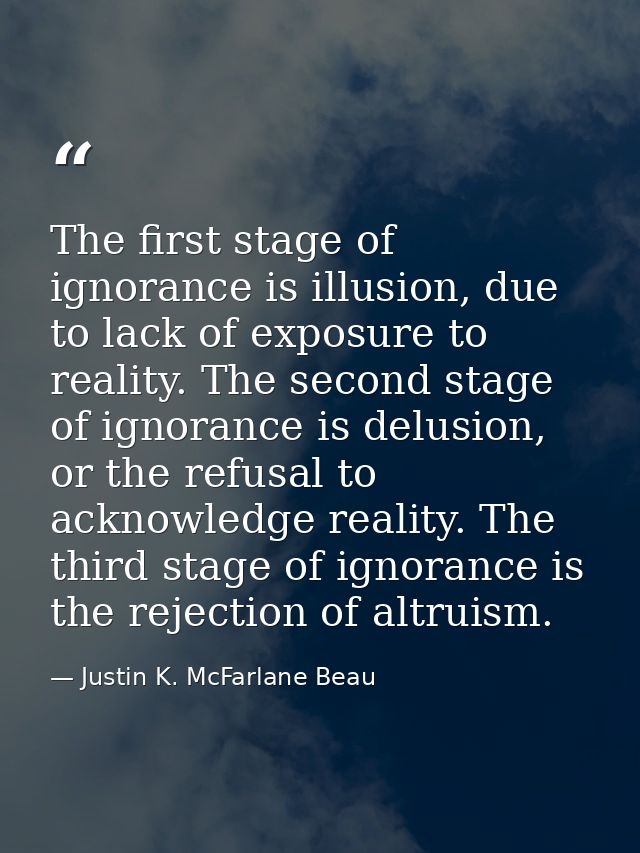 The first stage of ignorance is illusion, due to lack of exposure to reality. The second stage of ignorance is delusion, — Justin K. McFarlane Beau