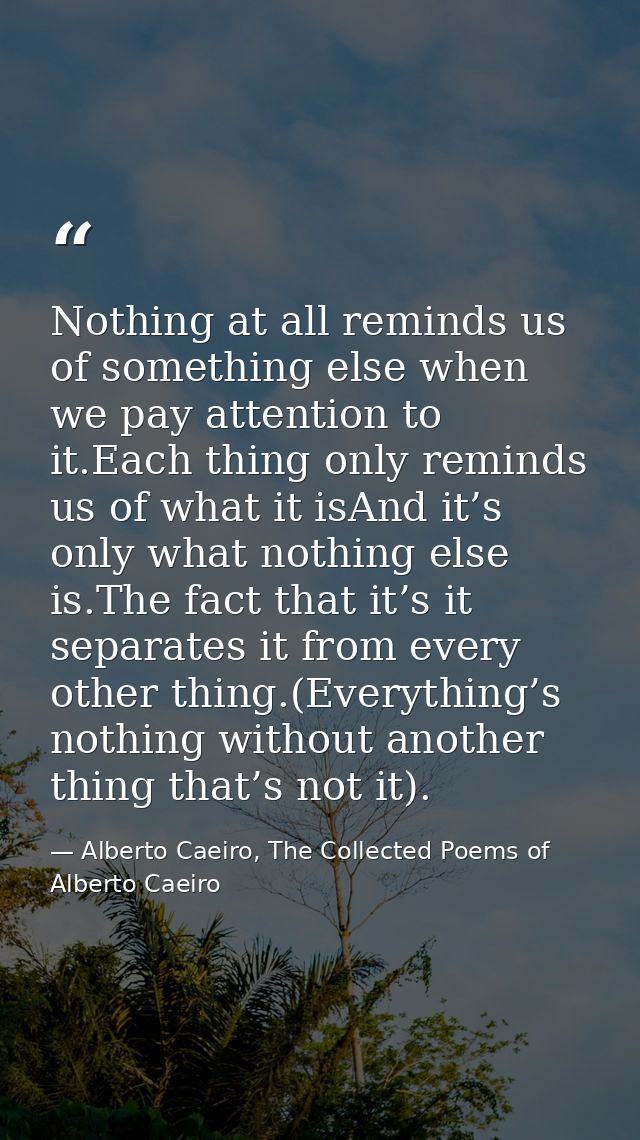 Nothing at all reminds us of something else when we pay attention to it.Each thing only reminds us of what it isAnd it’s — Alberto Caeiro, The Collected Poems of Alberto Caeiro