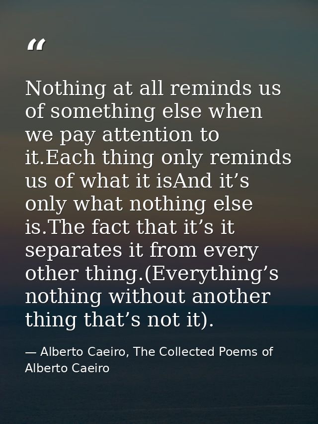 Nothing at all reminds us of something else when we pay attention to it.Each thing only reminds us of what it isAnd it’s — Alberto Caeiro, The Collected Poems of Alberto Caeiro