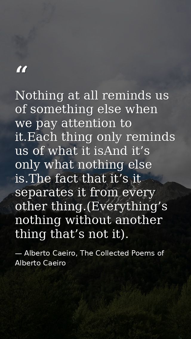 Nothing at all reminds us of something else when we pay attention to it.Each thing only reminds us of what it isAnd it’s — Alberto Caeiro, The Collected Poems of Alberto Caeiro