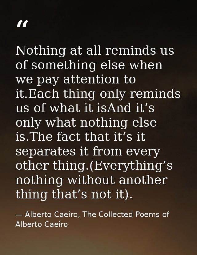 Nothing at all reminds us of something else when we pay attention to it.Each thing only reminds us of what it isAnd it’s — Alberto Caeiro, The Collected Poems of Alberto Caeiro