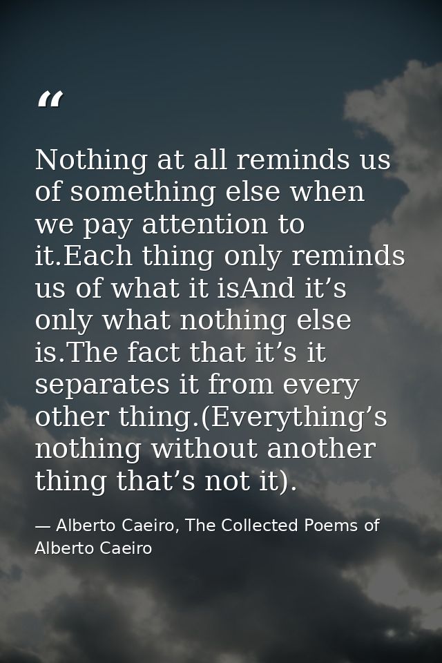 Nothing at all reminds us of something else when we pay attention to it.Each thing only reminds us of what it isAnd it’s — Alberto Caeiro, The Collected Poems of Alberto Caeiro