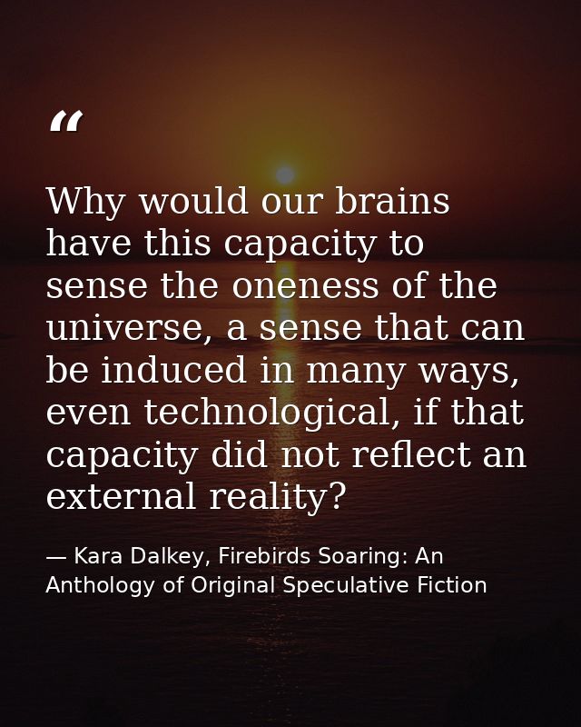 Why would our brains have this capacity to sense the oneness of the universe, a sense that can be induced in many ways,  — Kara Dalkey, Firebirds Soaring: An Anthology of Original Speculative Fiction