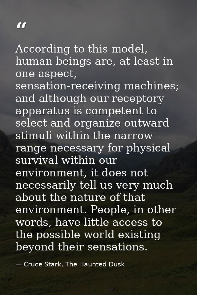 According to this model, human beings are, at least in one aspect, sensation-receiving machines; and although our recept — Cruce Stark, The Haunted Dusk