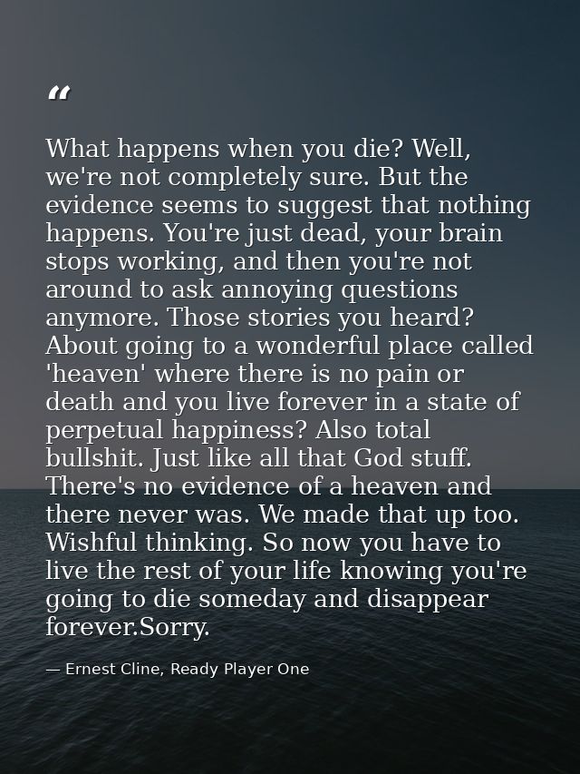 What happens when you die? Well, we're not completely sure. But the evidence seems to suggest that nothing happens. You' — Ernest Cline, Ready Player One