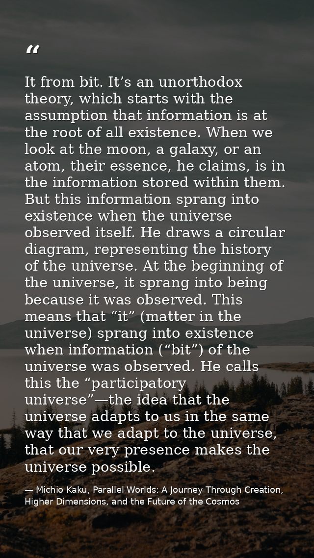 It from bit. It’s an unorthodox theory, which starts with the assumption that information is at the root of all existenc — Michio Kaku, Parallel Worlds: A Journey Through Creation, Higher Dimensions, and the Future of the Cosmos