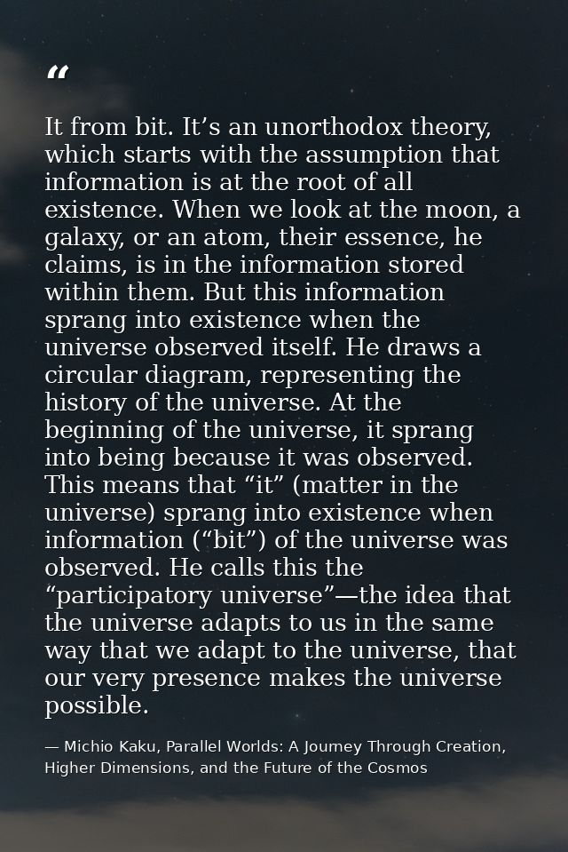 It from bit. It’s an unorthodox theory, which starts with the assumption that information is at the root of all existenc — Michio Kaku, Parallel Worlds: A Journey Through Creation, Higher Dimensions, and the Future of the Cosmos