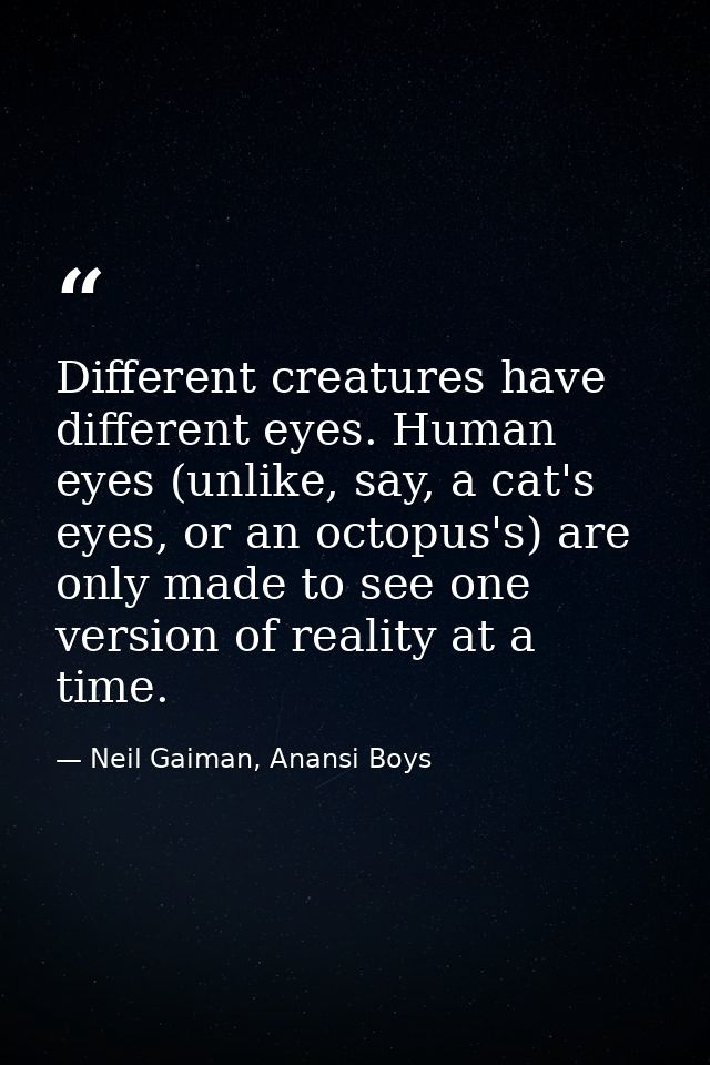 Different creatures have different eyes. Human eyes (unlike, say, a cat's eyes, or an octopus's) are only made to see on — Neil Gaiman, Anansi Boys