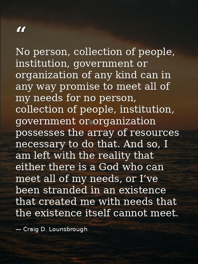 No person, collection of people, institution, government or organization of any kind can in any way promise to meet all  — Craig D. Lounsbrough