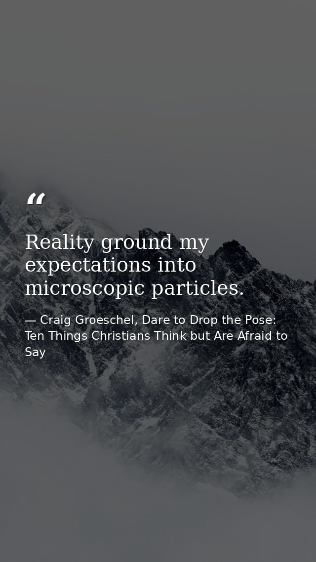 Reality ground my expectations into microscopic particles. — Craig Groeschel, Dare to Drop the Pose: Ten Things Christians Think but Are Afraid to Say