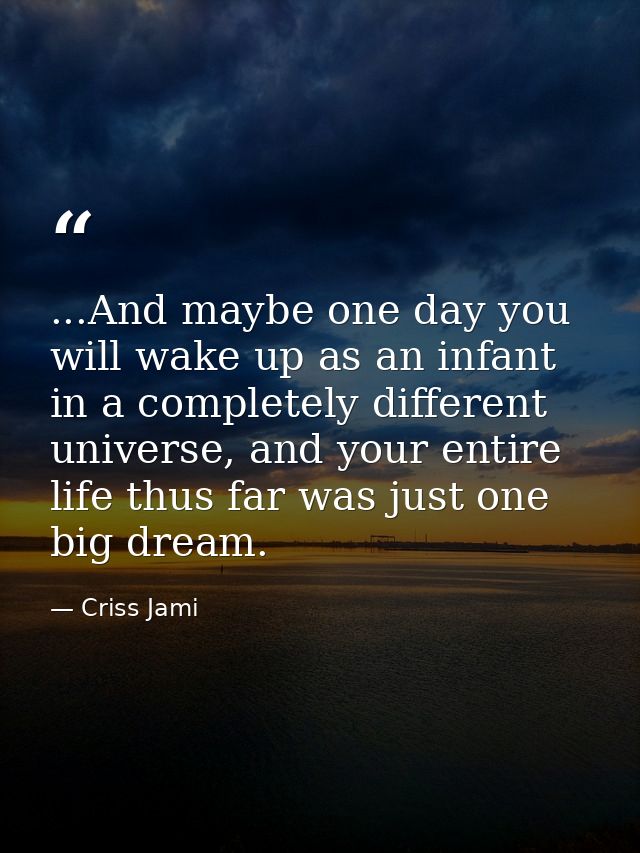 ...And maybe one day you will wake up as an infant in a completely different universe, and your entire life thus far was — Criss Jami
