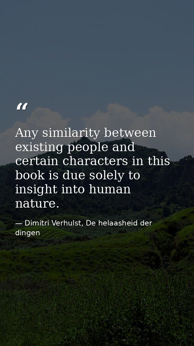 Any similarity between existing people and certain characters in this book is due solely to insight into human nature. — Dimitri Verhulst, De helaasheid der dingen