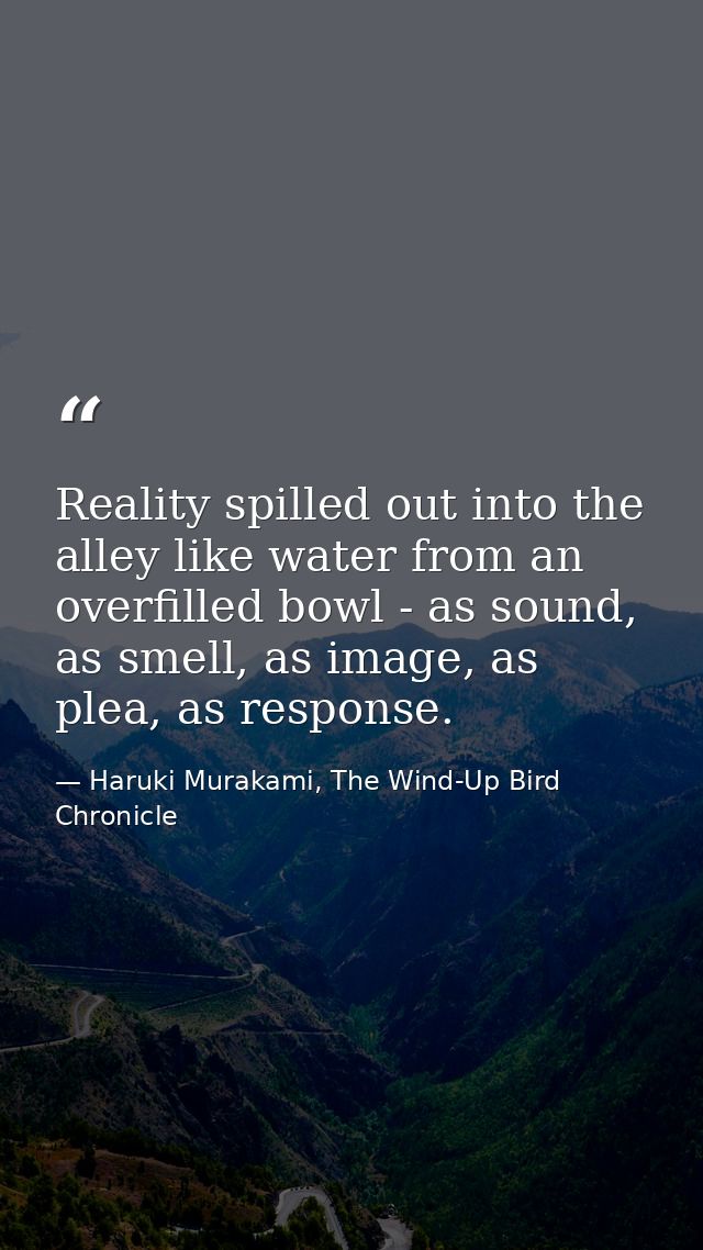 Reality spilled out into the alley like water from an overfilled bowl - as sound, as smell, as image, as plea, as respon — Haruki Murakami, The Wind-Up Bird Chronicle