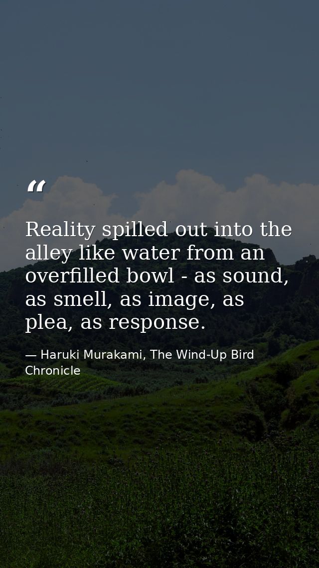 Reality spilled out into the alley like water from an overfilled bowl - as sound, as smell, as image, as plea, as respon — Haruki Murakami, The Wind-Up Bird Chronicle