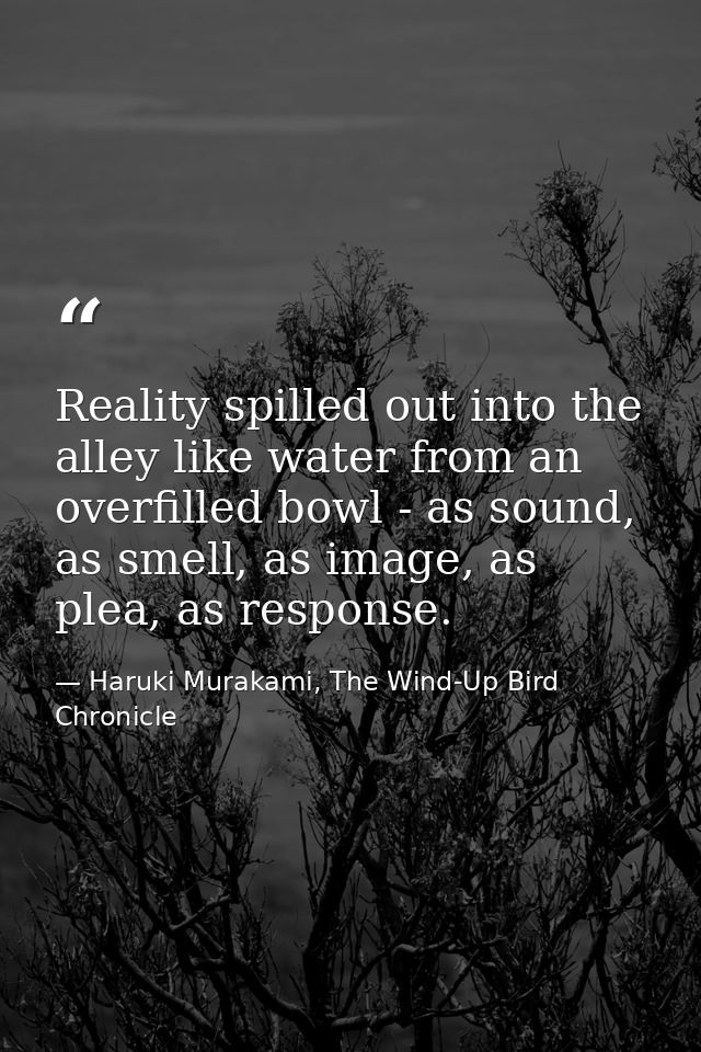 Reality spilled out into the alley like water from an overfilled bowl - as sound, as smell, as image, as plea, as respon — Haruki Murakami, The Wind-Up Bird Chronicle