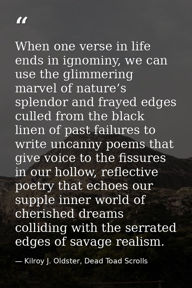 When one verse in life ends in ignominy, we can use the glimmering marvel of nature’s splendor and frayed edges culled f — Kilroy J. Oldster, Dead Toad Scrolls