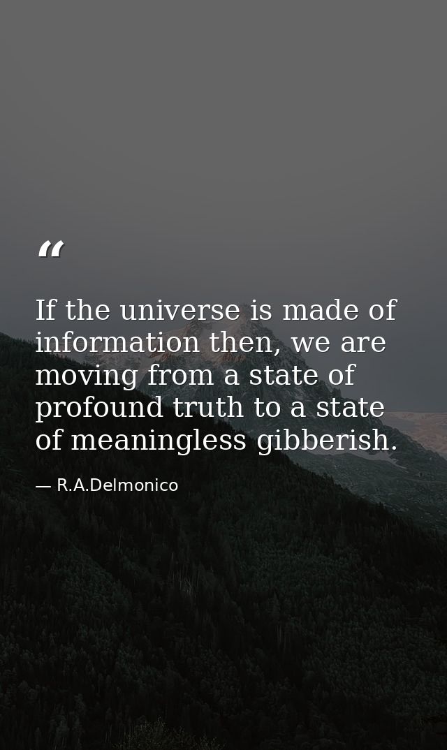 If the universe is made of information then, we are moving from a state of profound truth to a state of meaningless gibb — R.A.Delmonico