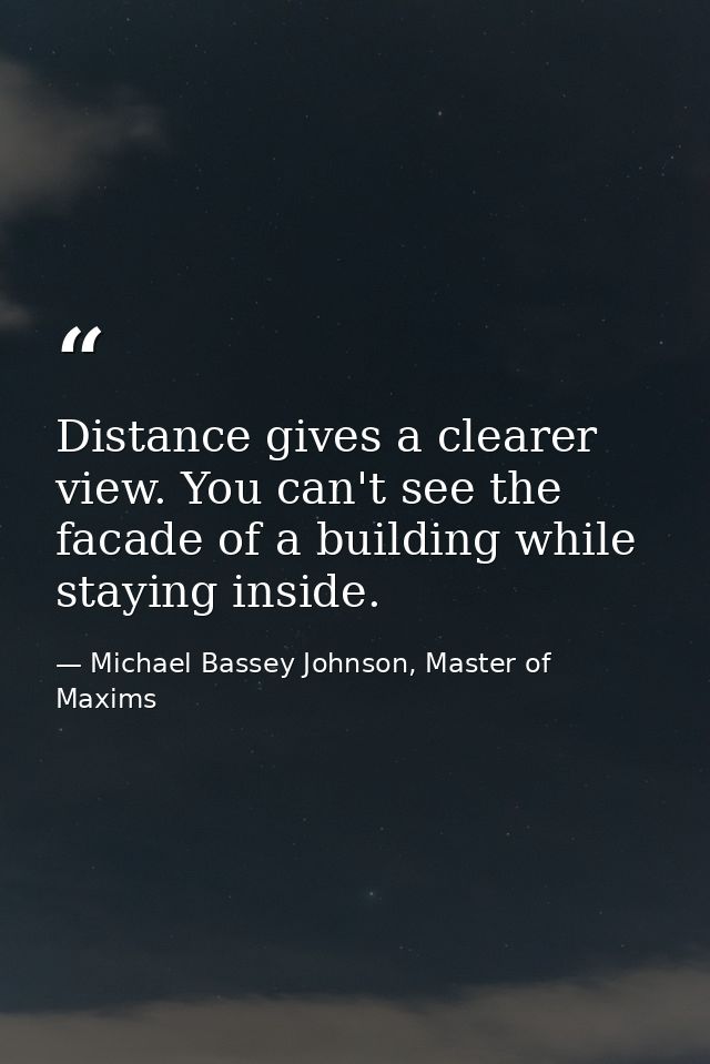 Distance gives a clearer view. You can't see the facade of a building while staying inside. — Michael Bassey Johnson, Master of Maxims