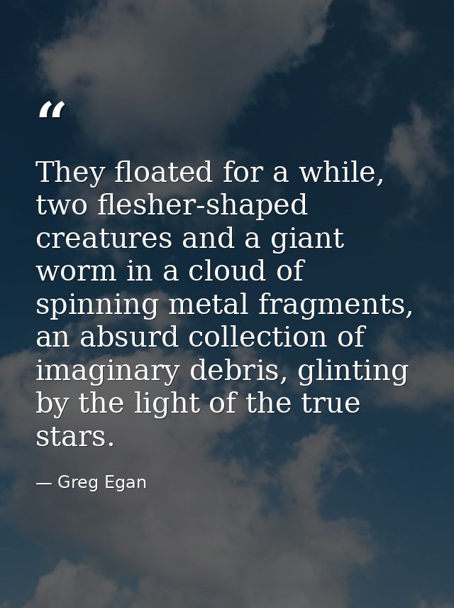 They floated for a while, two flesher-shaped creatures and a giant worm in a cloud of spinning metal fragments, an absur — Greg Egan