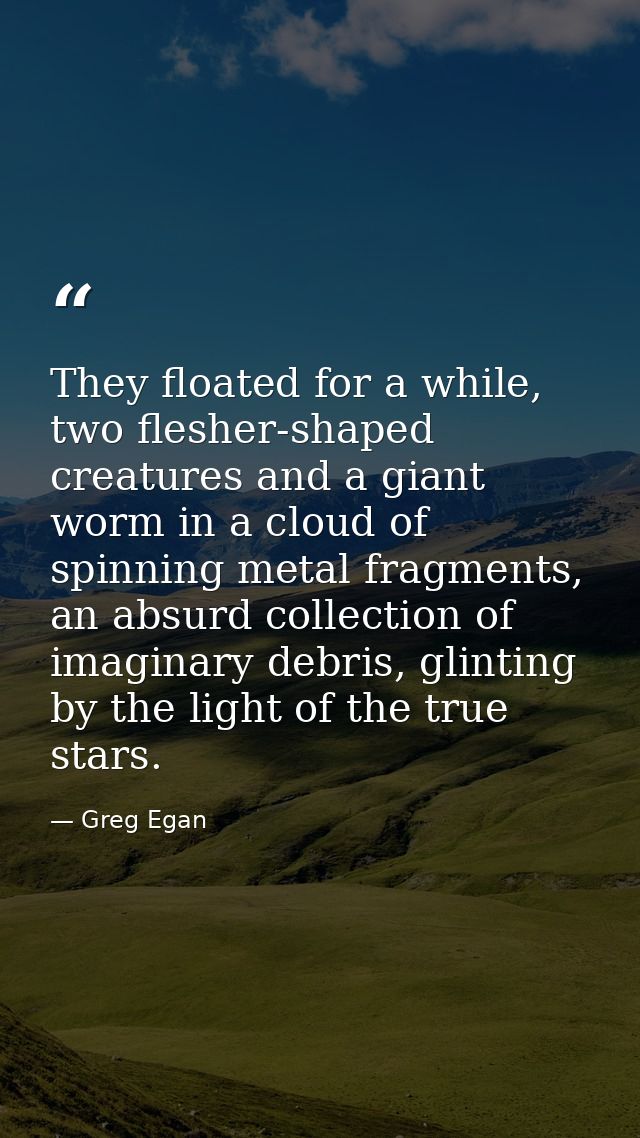 They floated for a while, two flesher-shaped creatures and a giant worm in a cloud of spinning metal fragments, an absur — Greg Egan