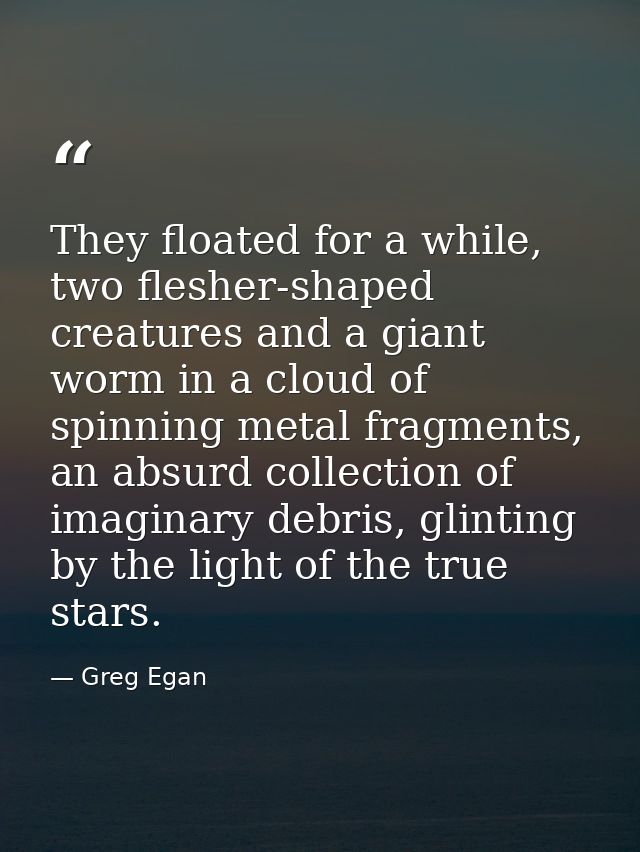 They floated for a while, two flesher-shaped creatures and a giant worm in a cloud of spinning metal fragments, an absur — Greg Egan