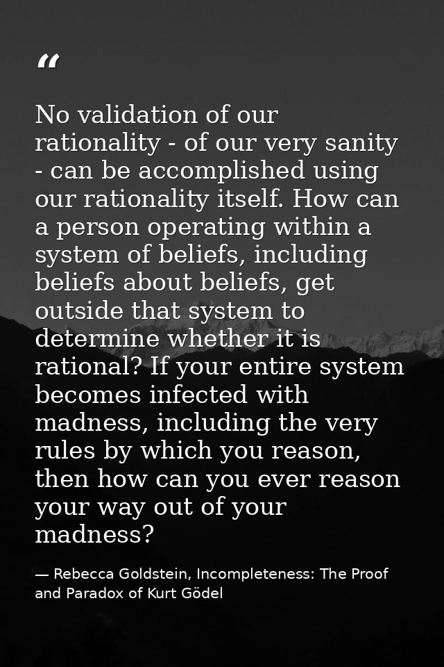 No validation of our rationality - of our very sanity - can be accomplished using our rationality itself. How can a pers — Rebecca Goldstein, Incompleteness: The Proof and Paradox of Kurt Gödel