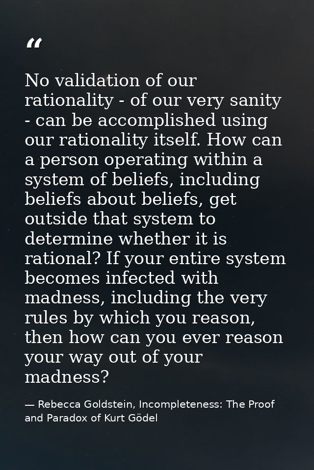 No validation of our rationality - of our very sanity - can be accomplished using our rationality itself. How can a pers — Rebecca Goldstein, Incompleteness: The Proof and Paradox of Kurt Gödel