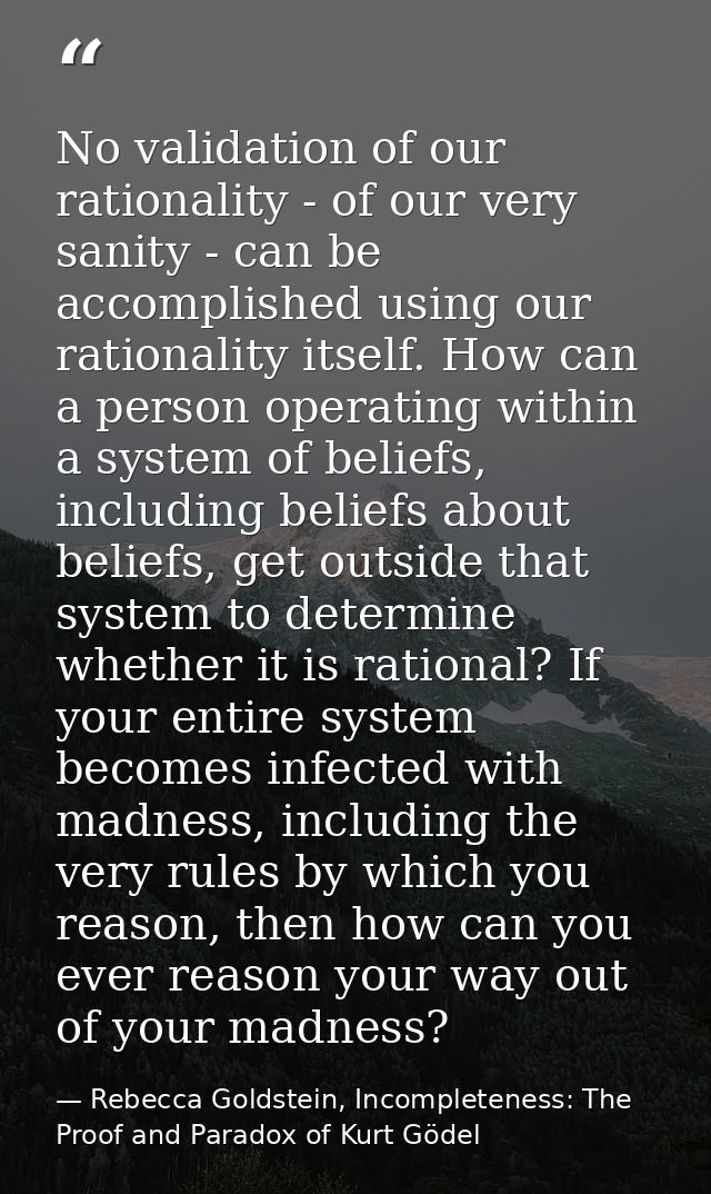 No validation of our rationality - of our very sanity - can be accomplished using our rationality itself. How can a pers — Rebecca Goldstein, Incompleteness: The Proof and Paradox of Kurt Gödel