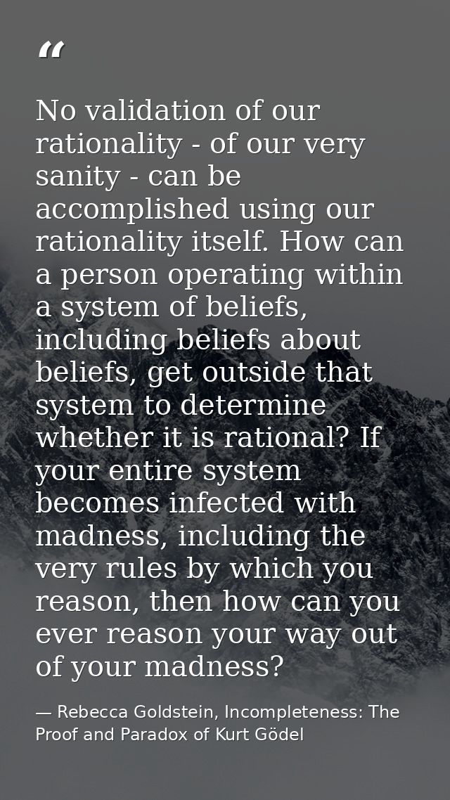 No validation of our rationality - of our very sanity - can be accomplished using our rationality itself. How can a pers — Rebecca Goldstein, Incompleteness: The Proof and Paradox of Kurt Gödel